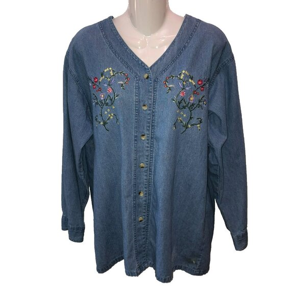 Mississippi River Blues Denim Shirt Womens Medium Embroidered Flowers Vintage M - Picture 1 of 8